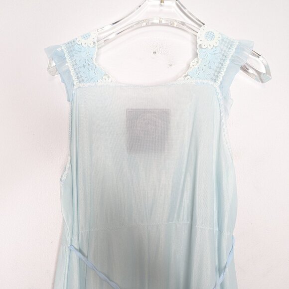 Vintage 1960's Baby Blue Sleeveless V-Neck Maxi Nightgown Floral Daisy Lace Trim - Picture 8 of 9
